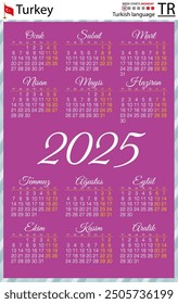 Turkish vertical pocket calendar for 2025 (two thousand twenty five). Week starts Monday. New year. Color simple design. Vector