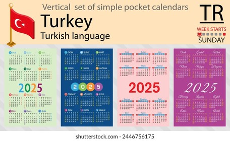Turkish vertical set of pocket calendar for 2025 (two thousand twenty five). Week starts Sunday. New year. Color simple design. Vector