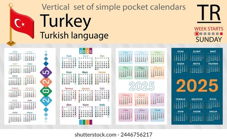 Turkish vertical set of pocket calendar for 2025 (two thousand twenty five). Week starts Sunday. New year. Color simple design. Vector
