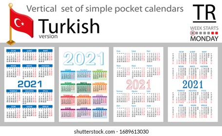 Turkish vertical set of pocket calendars for 2020 (two thousand twenty one). Week starts Monday. New year. Color simple design. Vector