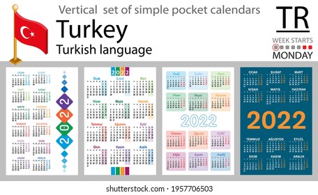 Turkish vertical set of pocket calendars for 2022 (two thousand twenty two). Week starts Monday. New year. Color simple design. Vector