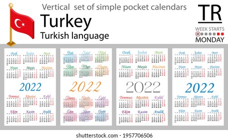 Turkish vertical set of pocket calendars for 2022 (two thousand twenty two). Week starts Monday. New year. Color simple design. Vector