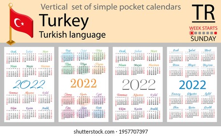 Turkish vertical set of pocket calendars for 2022 (two thousand twenty two). Week starts Sunday. New year. Color simple design. Vector