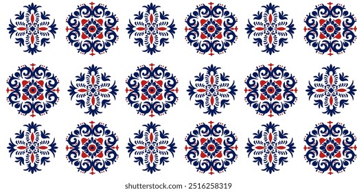 Turco vintage Azulejo azulejo padrão, português ou espanhol retro azulejo velho mosaico, Mediterrâneo marinha sem costura azul e vermelho design