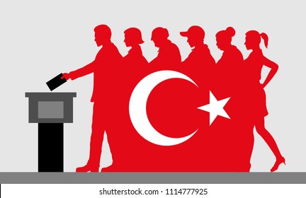 Turkish voters crowd silhouette like Turkey flag by voting for election. All the silhouette objects, and background are in different layers. 