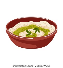 Turkish yogurt dip haydari for breakfast in cartoon style. Garlic yogurt sauce design for restaurant menu isolated on a white background.