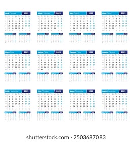 Turkish-English 2025 Calendar. Simple, easily editable vertical vector calendar.