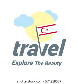 Turkish-Republic-of-Northern-Cyprus Travel Country Flag Logo. Explore the The Beauty lettering with Sun and Clouds and creative waving flag. travel company logo design - vector illustration