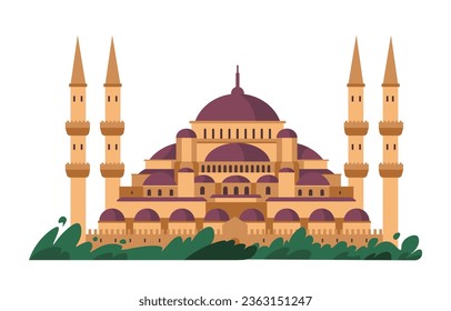 Turkiye cultural and architectural heritage, isolated mosque building with towels and windows. Place for muslim people to pray, Turkish landscape and Istanbul city sight. Vector in flat style