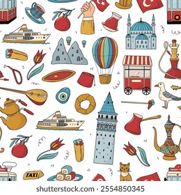 Turkiye doodles seamless pattern for textile prints, wallpaper, wrapping paper, packaging, backgrounds, stationery, etc. EPS 10