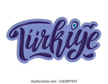 Turkiye. Hand lettering. Turkey vector logo in blue color with seagulls nazar symbol,volume letters,for souvenir products, banner emblem, travel blog social media, brochure, flyer, poster, ads