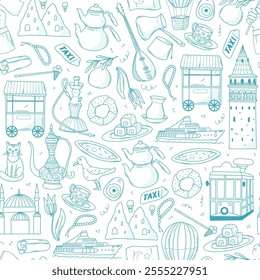 Turkiye and Istanbul doodles seamless pattern for wallpaper, wrapping paper, backgrounds, packaging, prints, stationery, textile, etc. EPS 10