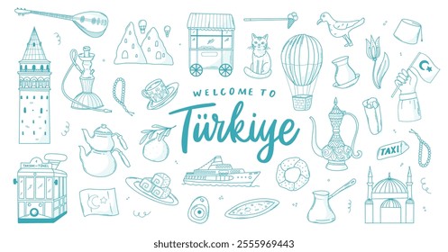 Turkiye and `istanbul monochrome doodles collection for prints, cards, planners, stickers, signs, packaging, banners, posters, etc. EPS 10