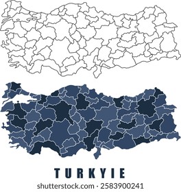 Turkiye map regions border outline vector set