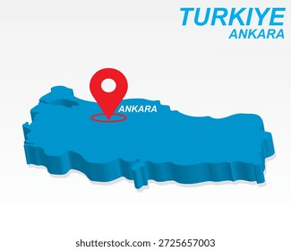 Turkiye Mapa Vector, Ankara Capital City Marker on Blue 3D Country Shape, Turkiye Infographic Design, Editable Destination Pointer Turkiye Geografía