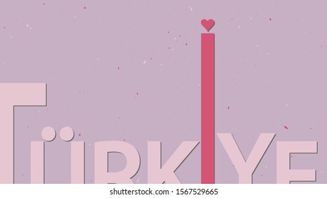 Turkiye - Turkey in turkish. Editable horizontal 16х9 background template. Stylish cropped letters and copy space. Dull purple and pink colors. For brochure, poster, banner, magazine, blog posts, site