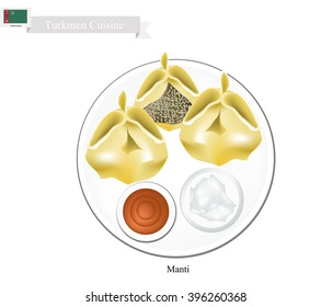 Turkmen Cuisine, Manti or Dumpling Made of Dough Stuffed with Meat and Spices. One of The Most Popular Dish of Turkmenistan.