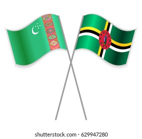 Turkmen and Dominican crossed flags. Turkmenistan combined with Dominica isolated on white. Language learning, international business or travel concept.