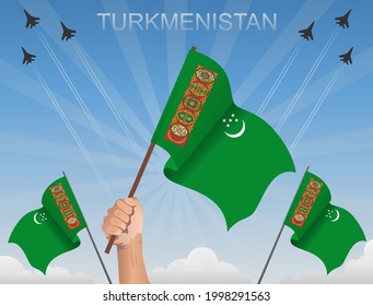 Turkmen flags fluttering under the blue sky