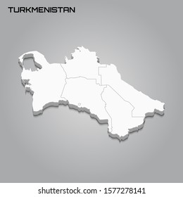 Turkmenistan 3d map with borders of regions. Vector illustration