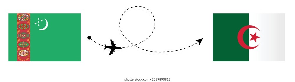 Turkmenistan to Algeria Flight Travel by Air. Ashgabat to Algiers Flight Travel Concept Vector Art. Turkmenistan and Algeria Flags Together.