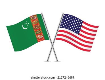 Turkmenistan and America flags. Turkmen and American flags, isolated on white background. Vector icon set. Vector illustration. 
