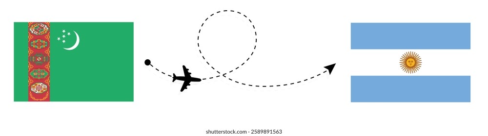 Turkmenistan to Argentina Flight Travel by Air. Ashgabat to Buenos Aires Flight Travel Concept Vector Art. Turkmenistan and Argentina Flags Together.

