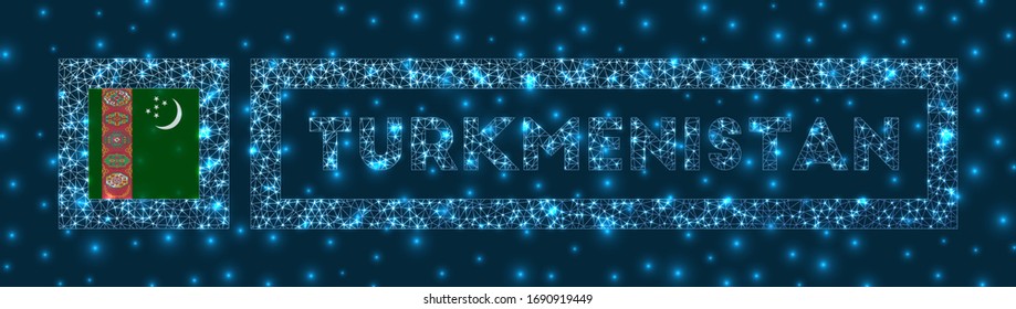 Turkmenistan badge. Flag of Turkmenistan in glowing network geometric style. Neat vector illustration.