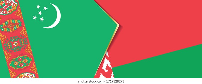 Turkmenistán y Bielorrusia banderas, dos vectores, símbolo de relación o enfrentamiento.