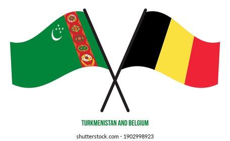 Turkmenistan and Belgium Flags Crossed And Waving Flat Style. Official Proportion. Correct Colors.