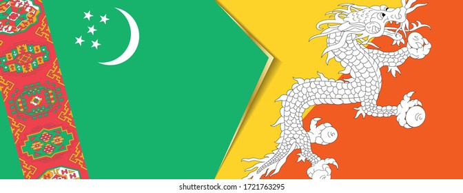 Turkmenistan und Bhutan Flaggen, zwei Vektorfahnen Symbol für Beziehung oder Konfrontation.