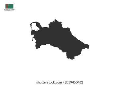 Turkmenistan black shadow map isolated on white background with Turkmenistan icon flag on the left corner.
