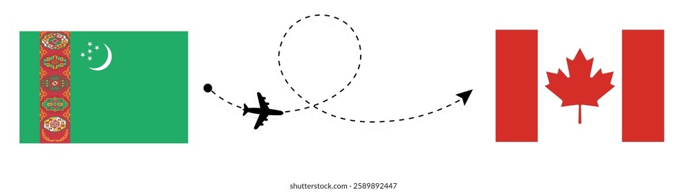 Turkmenistan to Canada Flight Travel by Air. Ashgabat to Ottawa Flight Travel Concept Vector Art. Turkmenistan and Canada Flags Together.