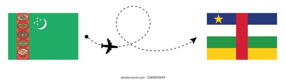 Turkmenistan to Central African Republic Flight Travel by Air. Ashgabat to Bangui Flight Travel Concept Vector Art. Turkmenistan and Central African Republic Flags Together.