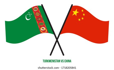 Turkmenistan and China Flags Crossed And Waving Flat Style. Official Proportion. Correct Colors.