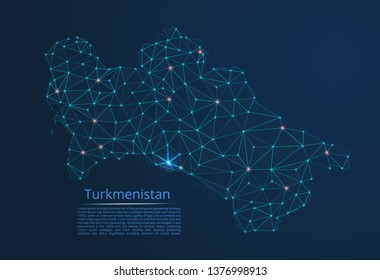 Turkmenistan communication network map. Vector low poly image of a global map with lights in the form of cities in or population density consisting of points and shapes in the form of stars and space.