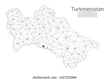 Turkmenistan communication network map. Vector low poly image of a global map with lights in the form of cities in or population density consisting of points and shapes and space. Easy to edit