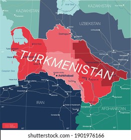 Turkmenistan country detailed editable map with regions cities and towns, roads and railways, geographic sites. Vector EPS-10 file