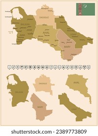 Turkmenistan - detailed map of the country in brown colors, divided into regions. Vector illustration