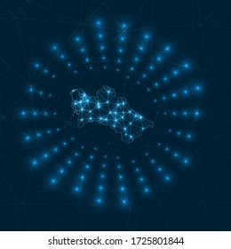 Turkmenistan digital map. Glowing rays radiating from the country. Network connections and telecommunication design. Vector illustration.