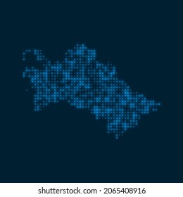 Turkmenistan dotted glowing map. Shape of the country with blue bright bulbs. Vector illustration.