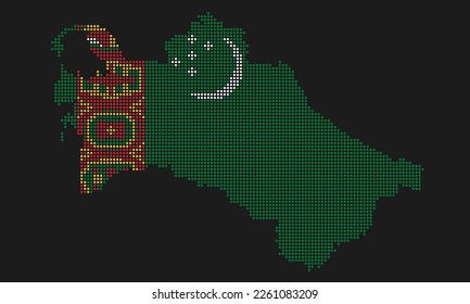 Turkmenistan dotted map flag with grunge texture in mosaic dot style. Abstract pixel vector illustration of a country map with halftone effect for infographic. 