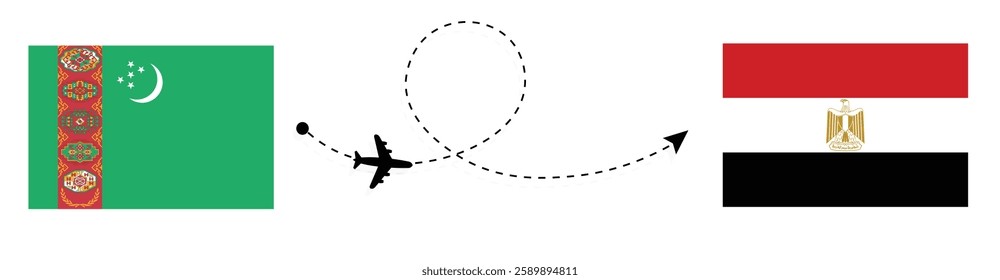 Turkmenistan to Egypt Flight Travel by Air. Ashgabat to Cairo Flight Travel Concept Vector Art. Turkmenistan and Egypt Flags Together.