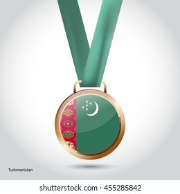 Turkmenistan Flag in Bronze Medal. Vector Illustration. RIO Olympic Game Bronze Medal. Vector Illustration