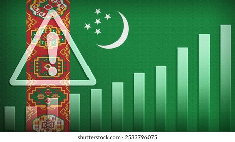 Turkmenistan flag with burlap texture, warning sign, and rising bar chart symbolizing increasing risk or growth challenges in the country. Ideal for data presentations.