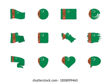 Bandera de Turkmenistán - colección plana. Banderas de diferentes formas doce iconos planos. Conjunto de ilustraciones de vector