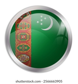 Turkmenistan flag - glossy circle button displays a colorful flag representing a country cultural identity and heritage. The essence of national pride and unity.