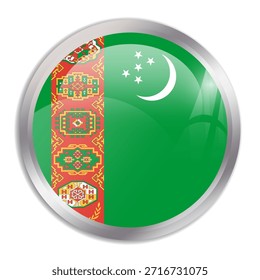 Turkmenistan flag - glossy circle button in metal frame displays a colorful flag of a country cultural identity and heritage. The essence of national pride and unity.