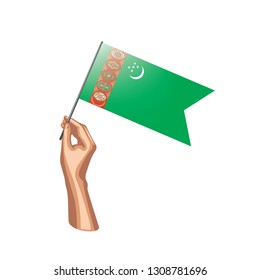 Turkmenistan flag and hand on white background. Vector illustration