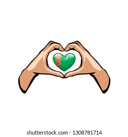 Turkmenistan flag and hand on white background. Vector illustration